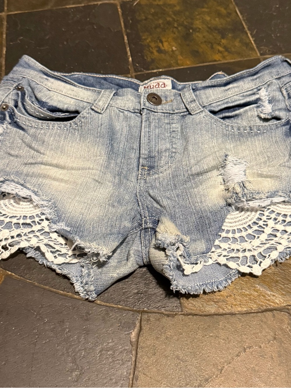 Mudd Light Blue Distressed Denim Crochet-Trim Shorts